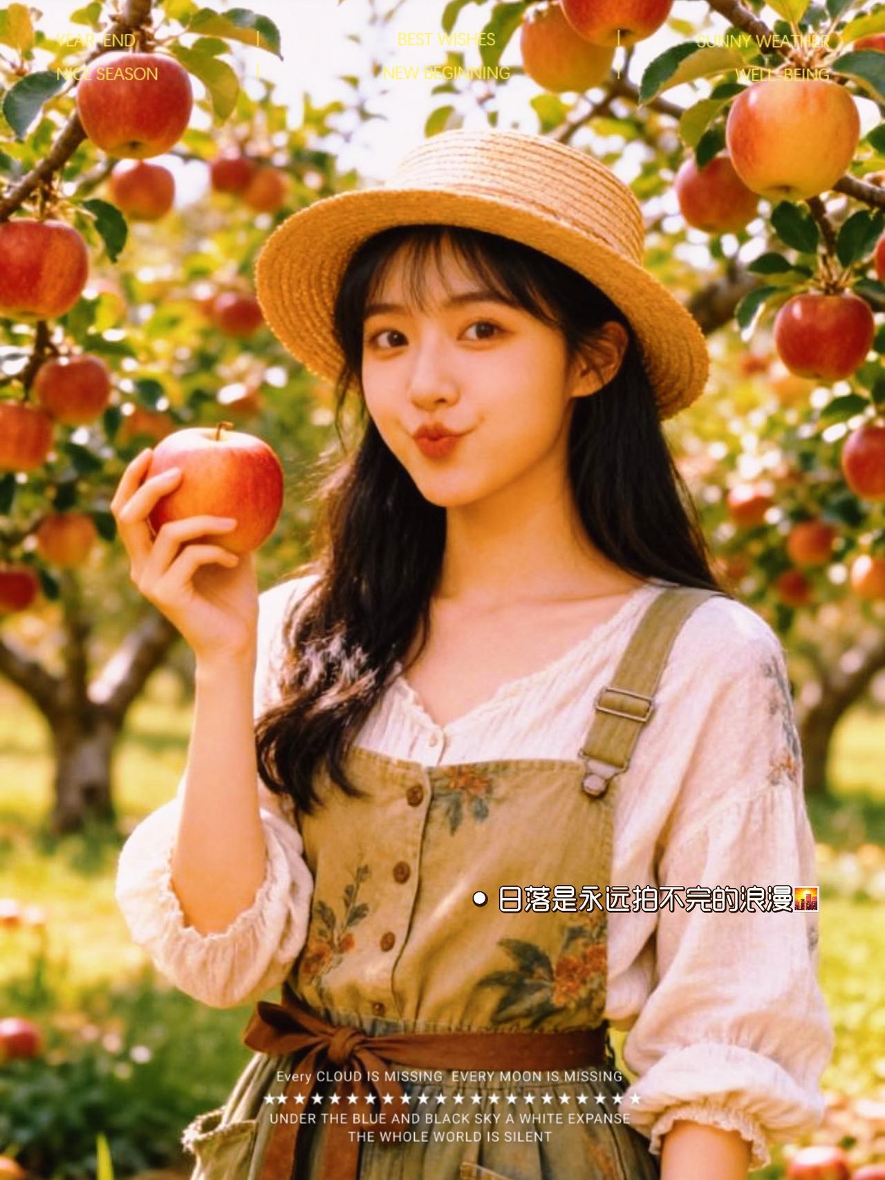 她穿着漂亮的小裙子，蹦蹦跳跳在果树间穿梭。时而踮起脚尖努力摘高处的果子，时而蹲下