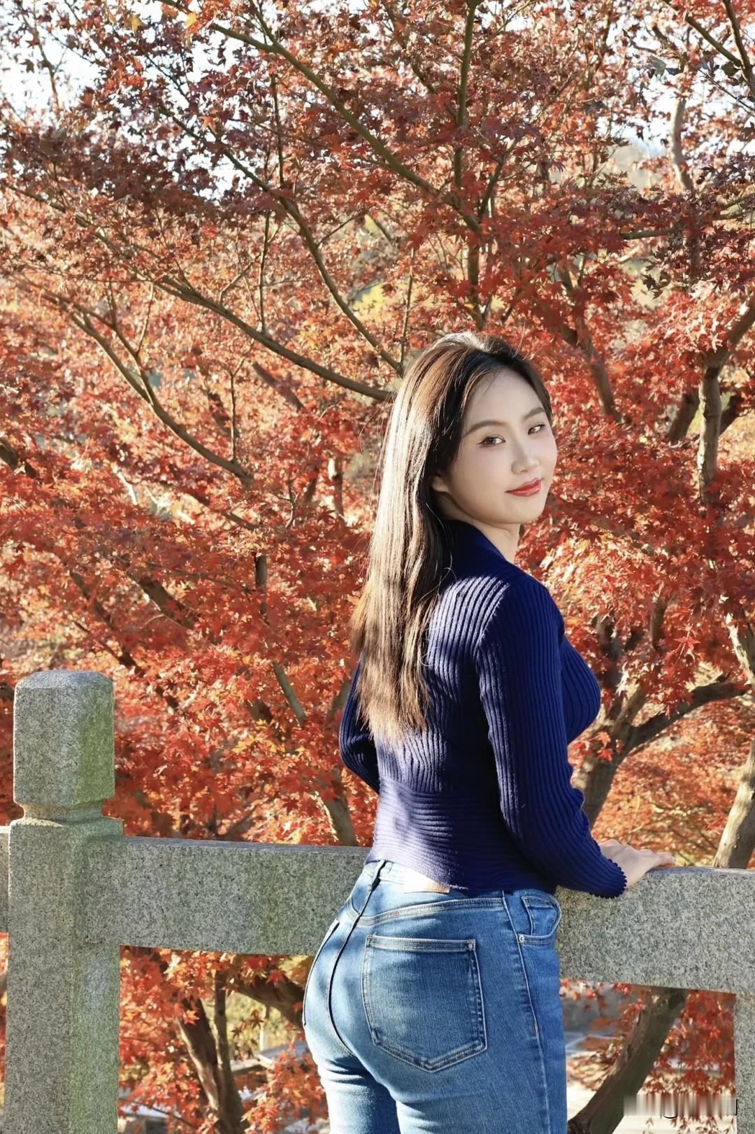 丹枫灼灼映栏干，
倩影回眸黛色寒。
蓝缕轻裁秋意里，
一颦皆是画中欢。