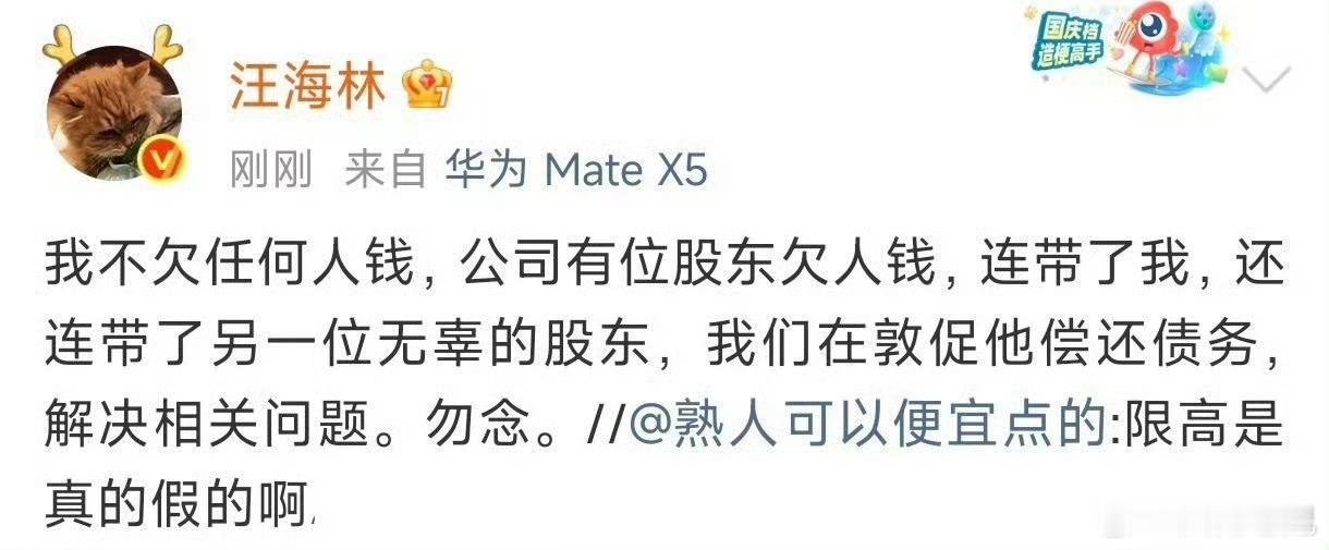 汪海林出来回应限高，称自己被公司股东连累的，自己没有欠任何人的钱。 
