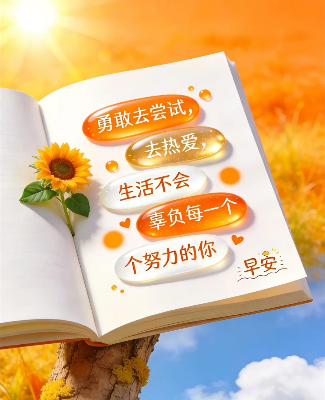 写文案[超话]新的一天，新的欢喜，把笑容挂在脸上，用温柔给自己打气，心里存着阳光