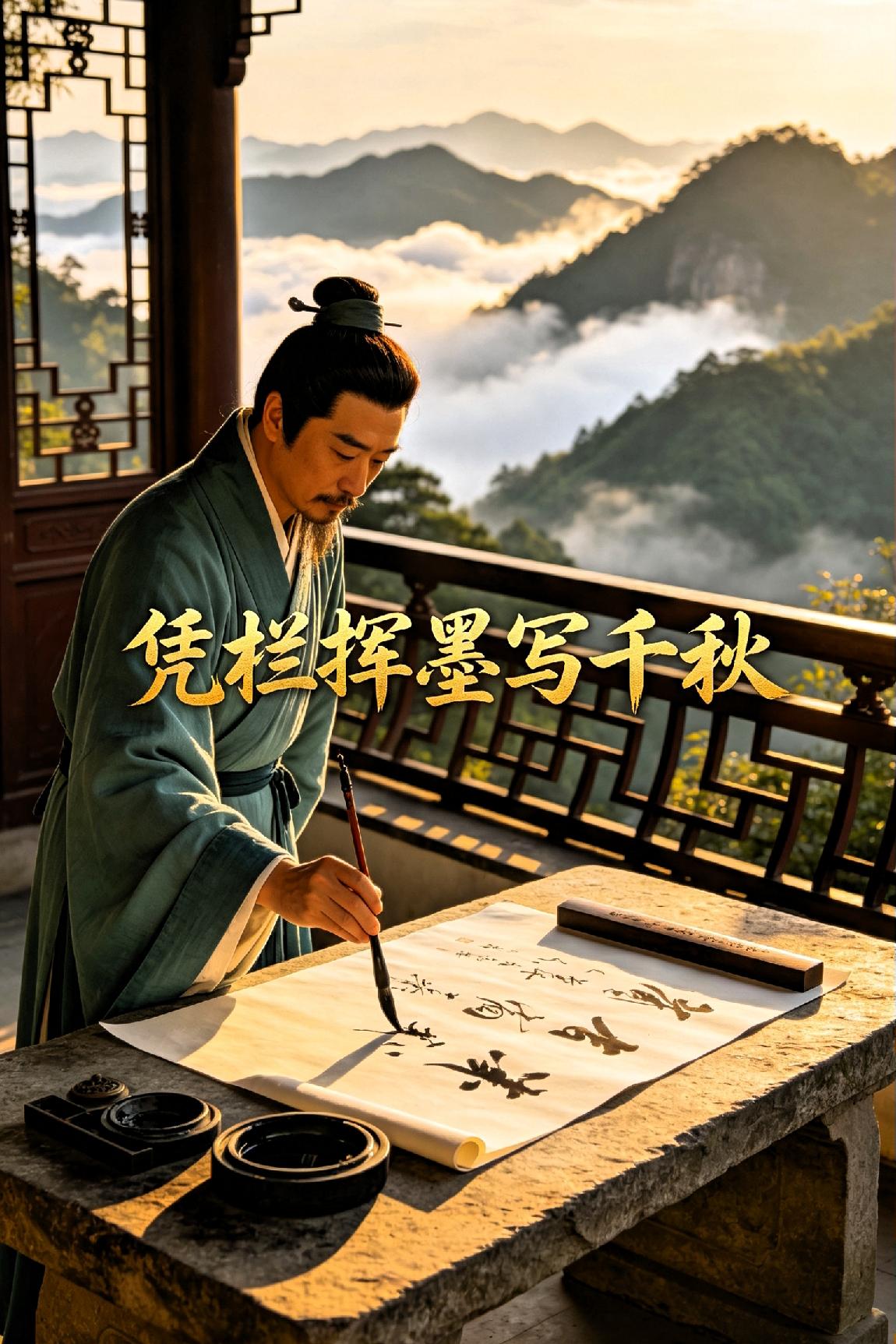 凭栏挥墨写千秋
 
（七言律诗）

 
凭栏挥墨写千秋，极目沧波意未休。

断壁