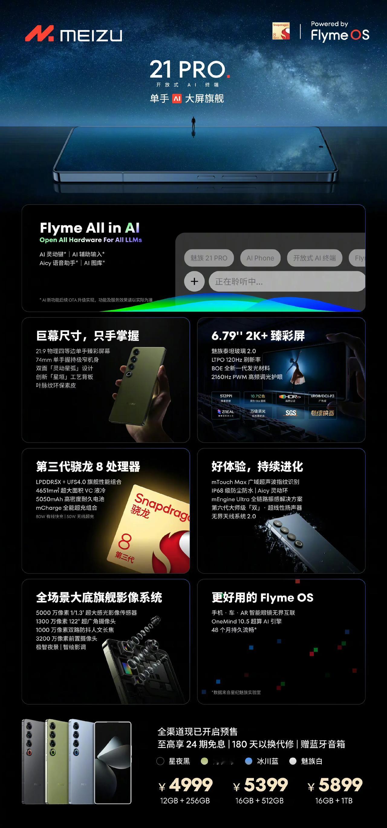 4999元起，魅族21 Pro发布

核心配置：
骁龙8 Gen3，2K直屏，5