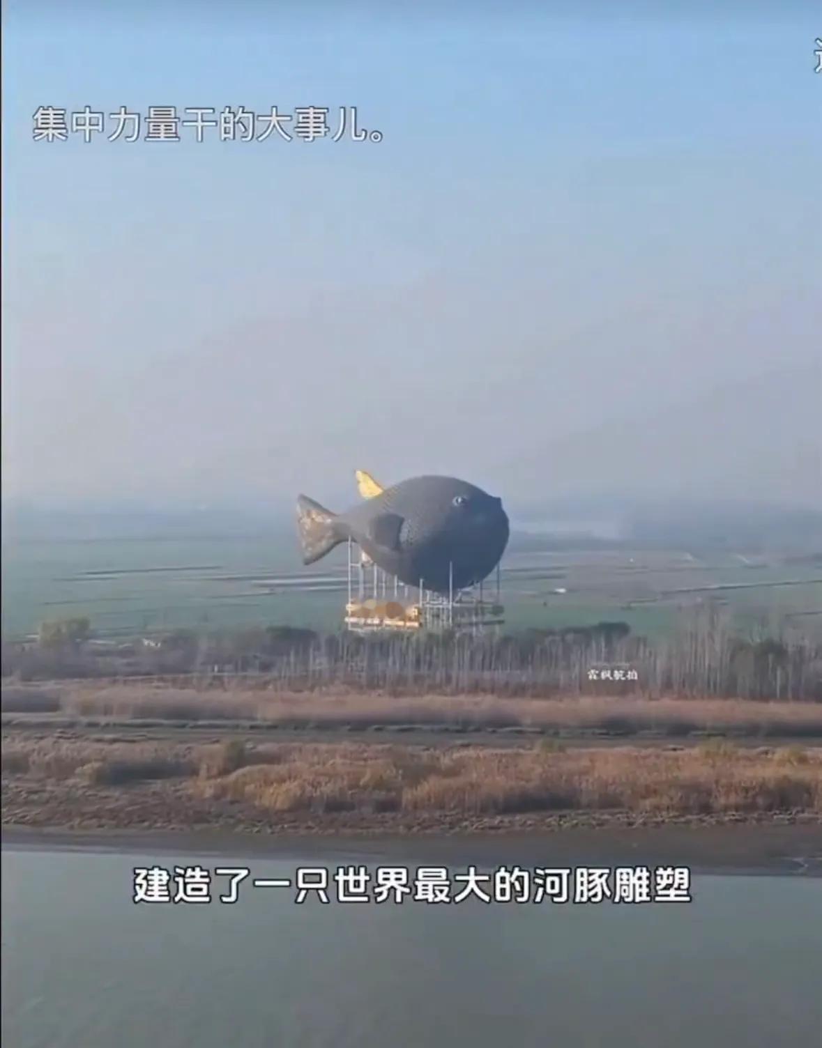 这件巨型河豚雕塑位于江苏扬中市西沙岛，重约2100吨，外部覆盖近9000块铜板，