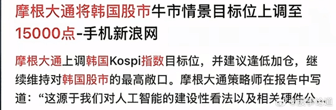 摩根将韩国股指的目标位调高到了15,000点，今天韩指马上就要到9,000点了。