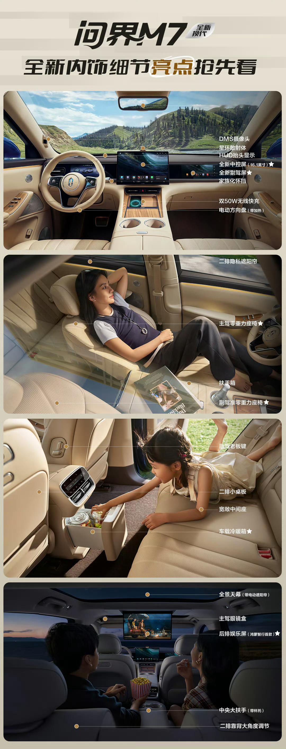 问界新M7有后排娱乐屏了，鸿蒙智行里面第一款主副驾零重力也有了，冰箱彩电大沙发配