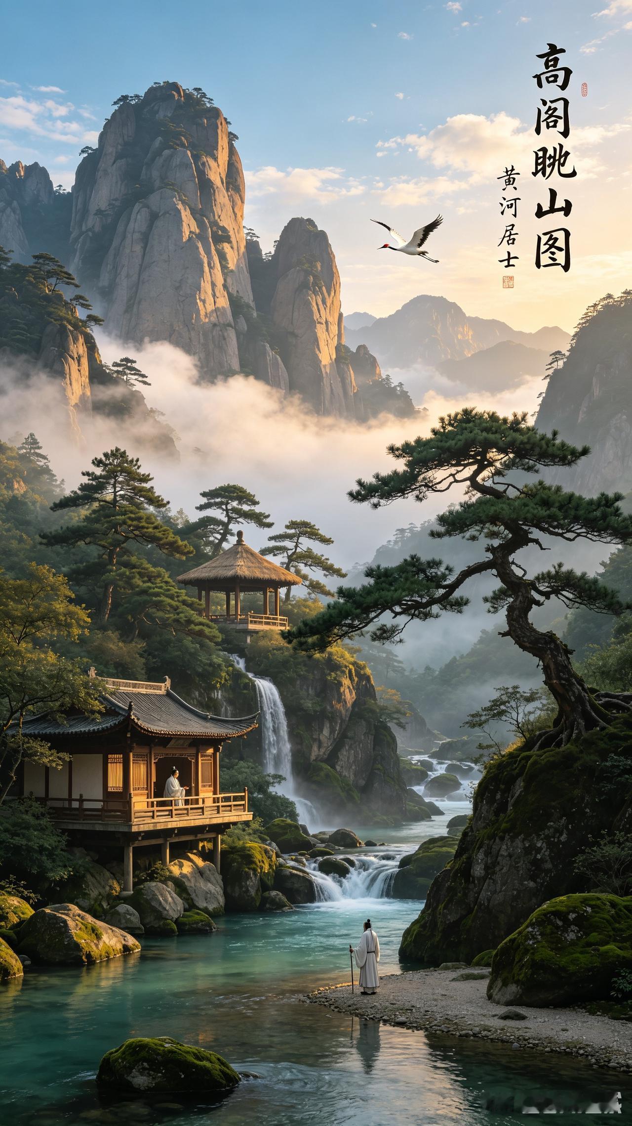 高阁眺山图，静谧山水间，悠然见南山。