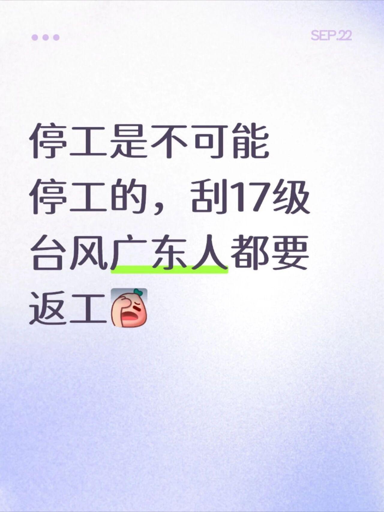印象中就没有因为台风停工过👀
停工是不可能停工的，刮17级台风广东人都要返工[