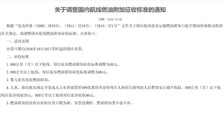国内航线燃油附加费10月10日起上调！