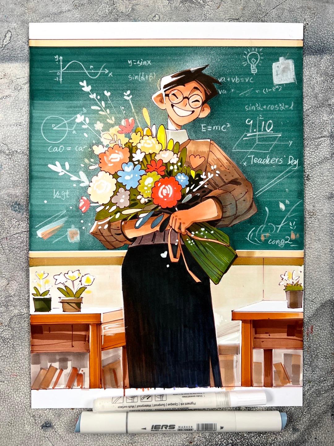 明天教师节，来临摹，手抄报啥的都可以，想画女老师加耳钉，想画男老师加裤缝线就可以