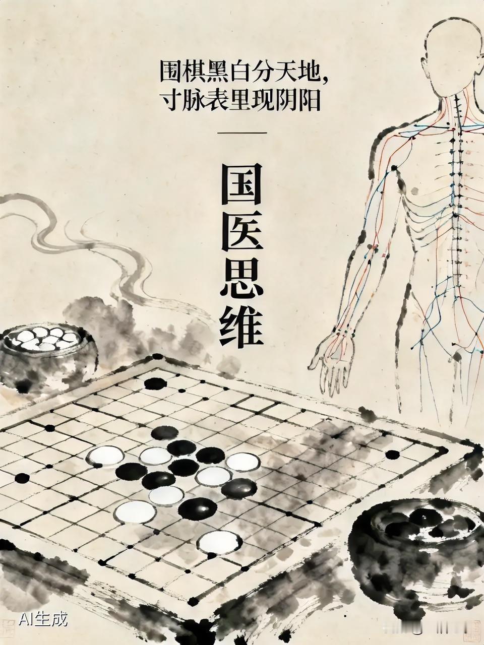 围棋与国医看似风马牛不相及，实则有着千丝万缕的联系。围棋里黑白棋子分占棋盘，如同