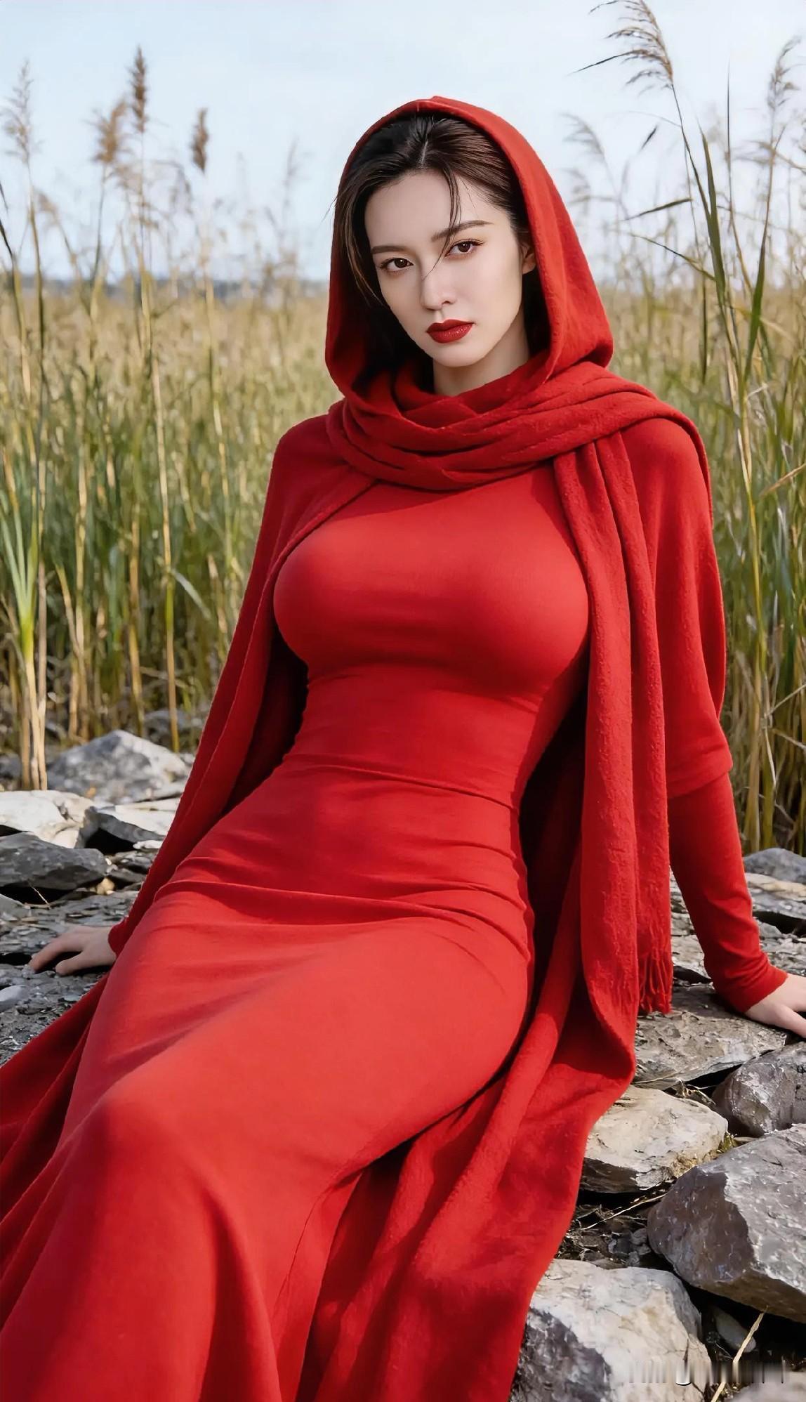 苇浪翻金，石径横陈。
红裳似火，裹住温婉。
兜帽垂落，掩半缕清风；
长裙曳地，吻