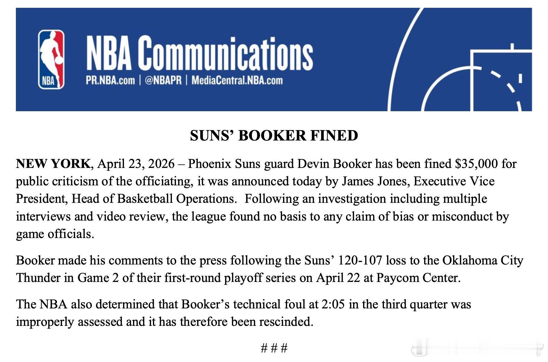 NBA官方宣布，取消布克昨天的技术犯规，但因昨晚赛后言论被罚款3.5万美元。并表