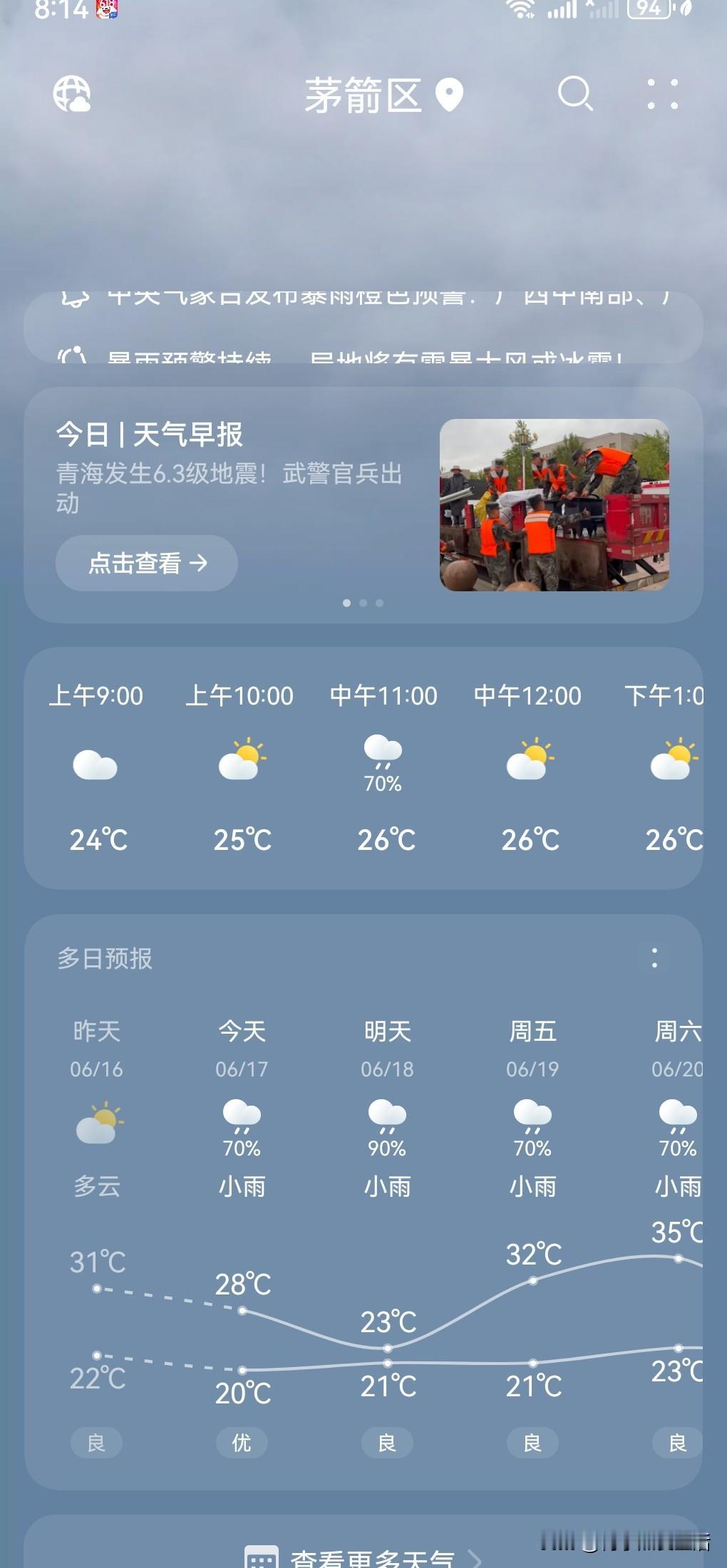 十堰今日白天闷热多云，据十堰气象部门预报，今天城区全天气温21℃—31℃，白天以