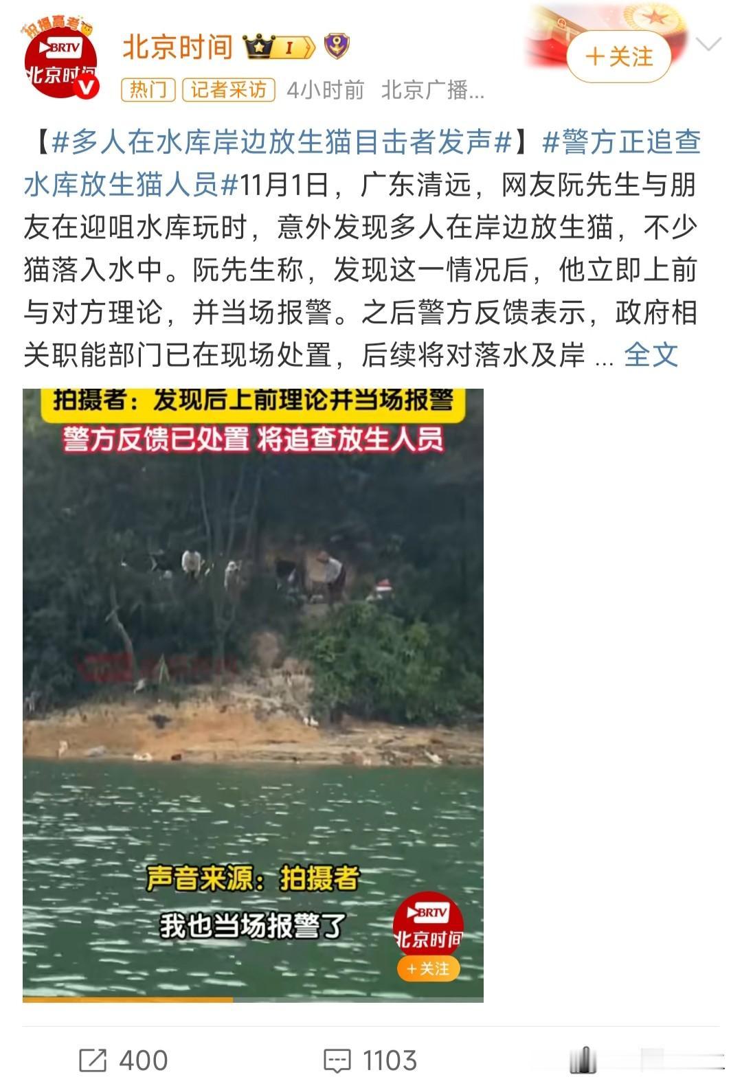广东清远竟然一群人在水库旁放生众多流浪猫，导致众多流浪猫应激跳入水库中

而据知