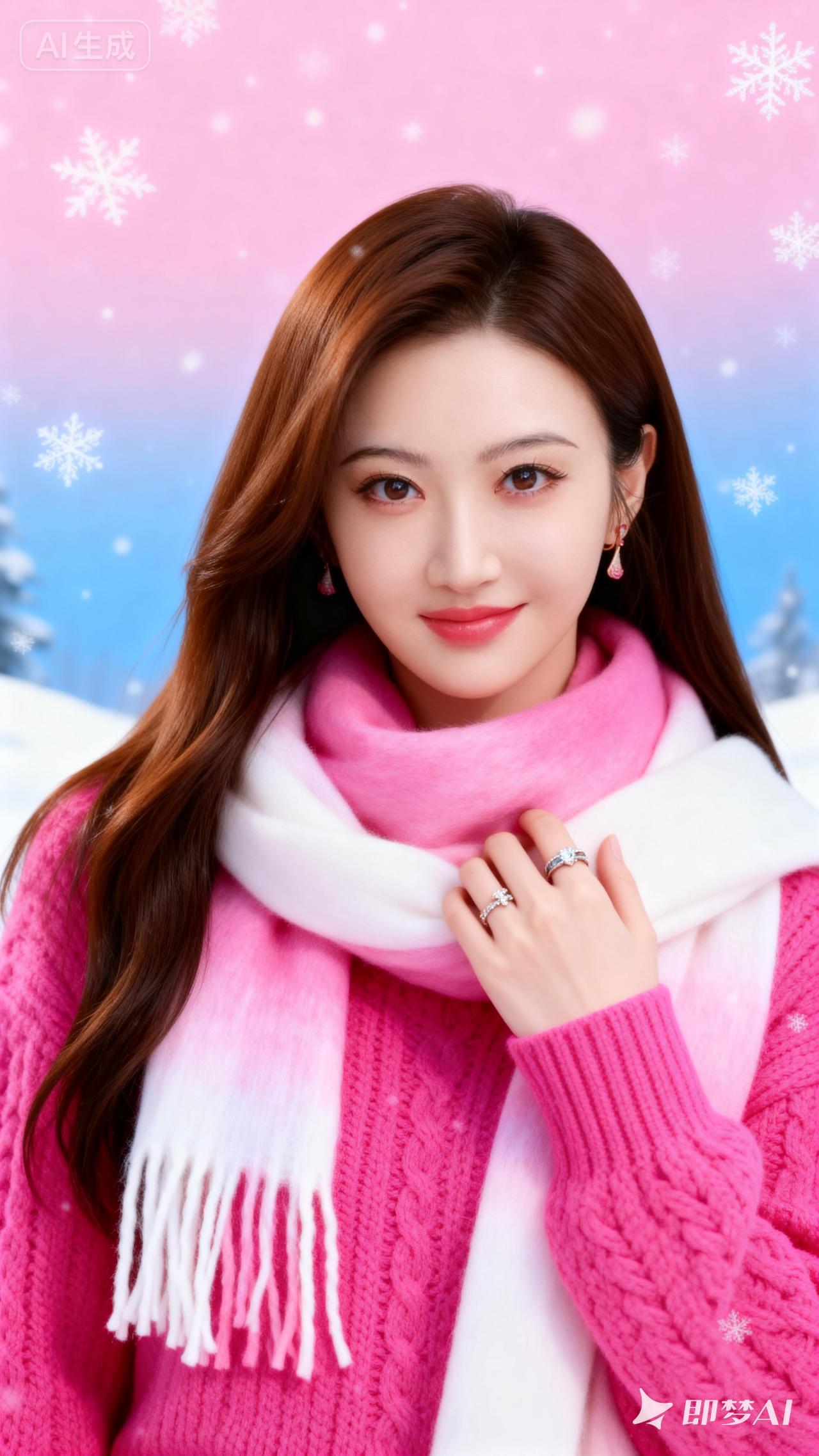 冬日暖阳下的甜美少女，粉色毛衣与围巾的完美搭配，温暖又可爱！🌞💕