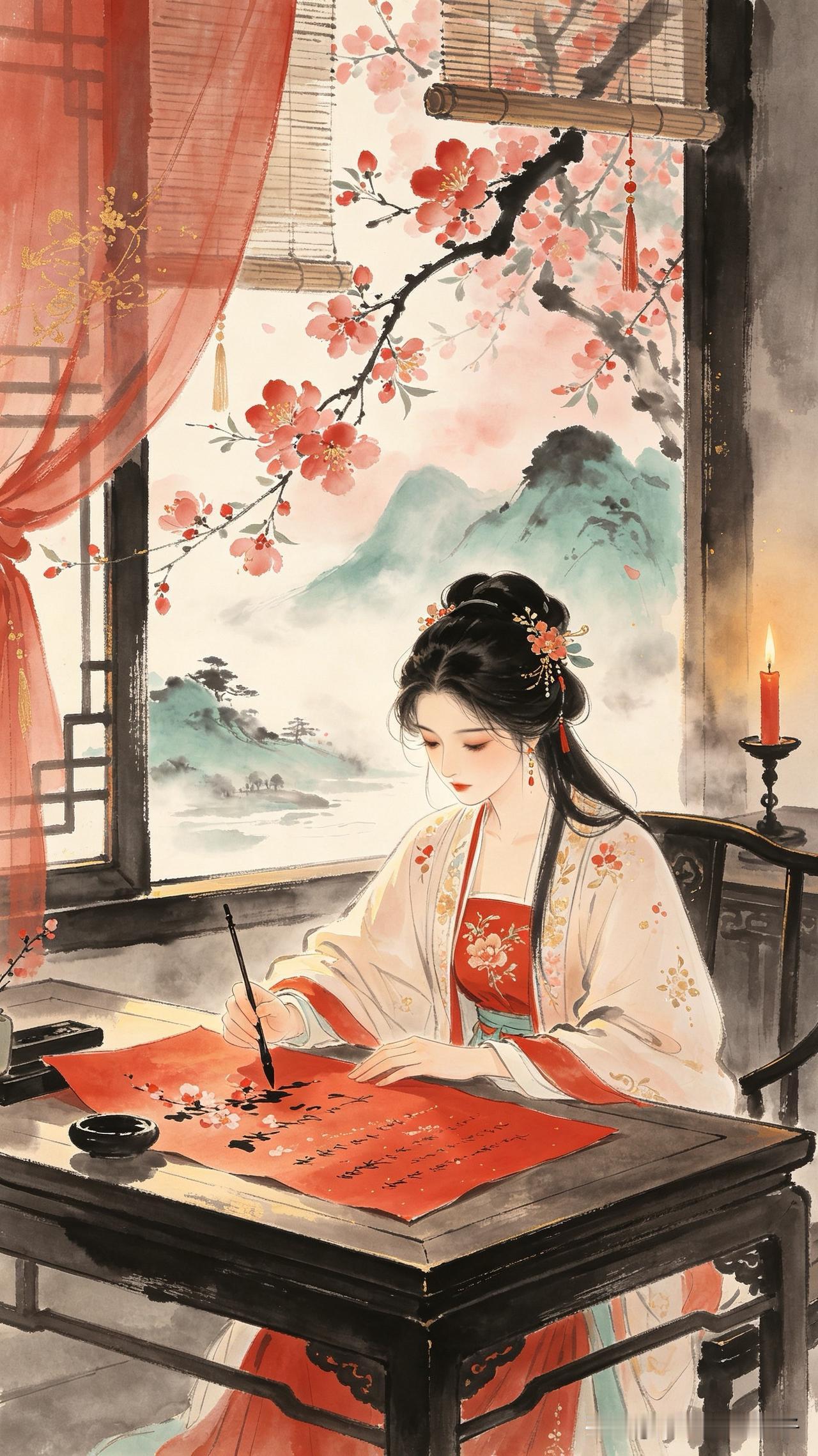 欲写相思墨色匀，
红笺小字寄情真。
行间怕有离人泪，
        
…………