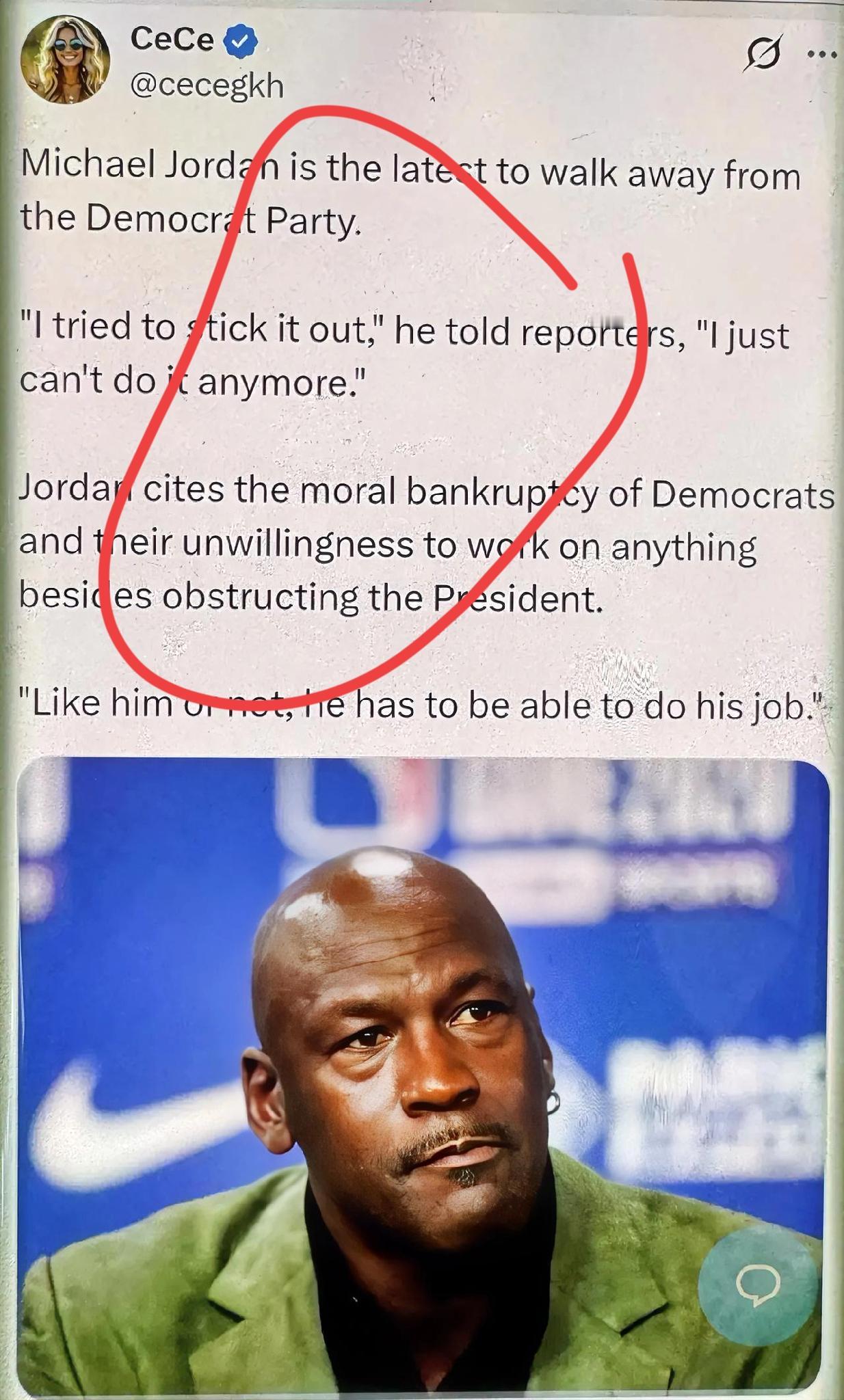 前NBA巨星乔丹退出民主党. 指责政党道德沦丧. 这次选边站有何隐情？
最近有条