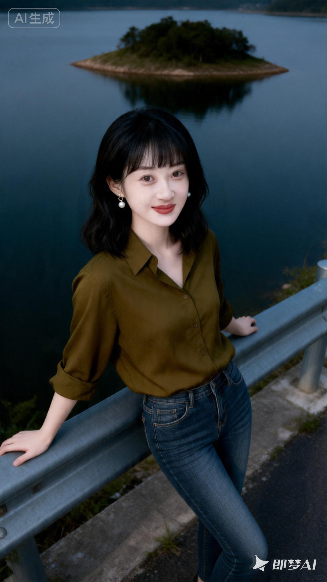 湖畔少女，悠然自得，绿意盎然，尽享自然之美。