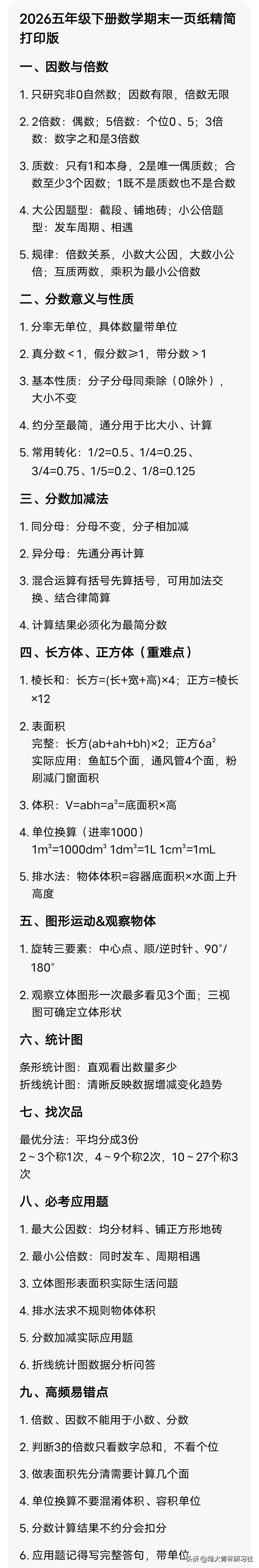 2026五年级下册数学期末一页纸精简打印版