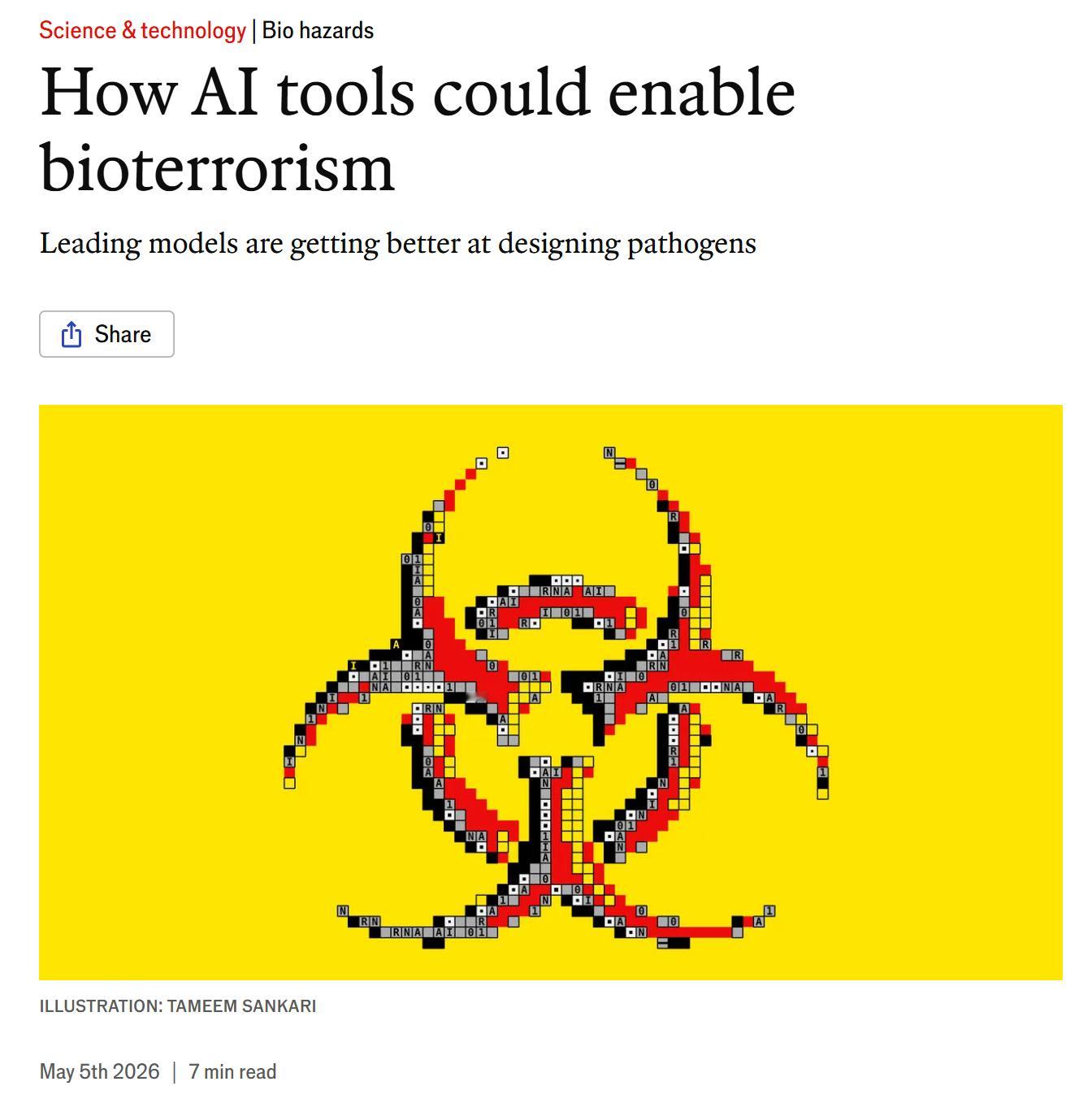 『经济学人』认为以目前的 AI 能力，还不至于教会普通人制作生物武器，但已经足够