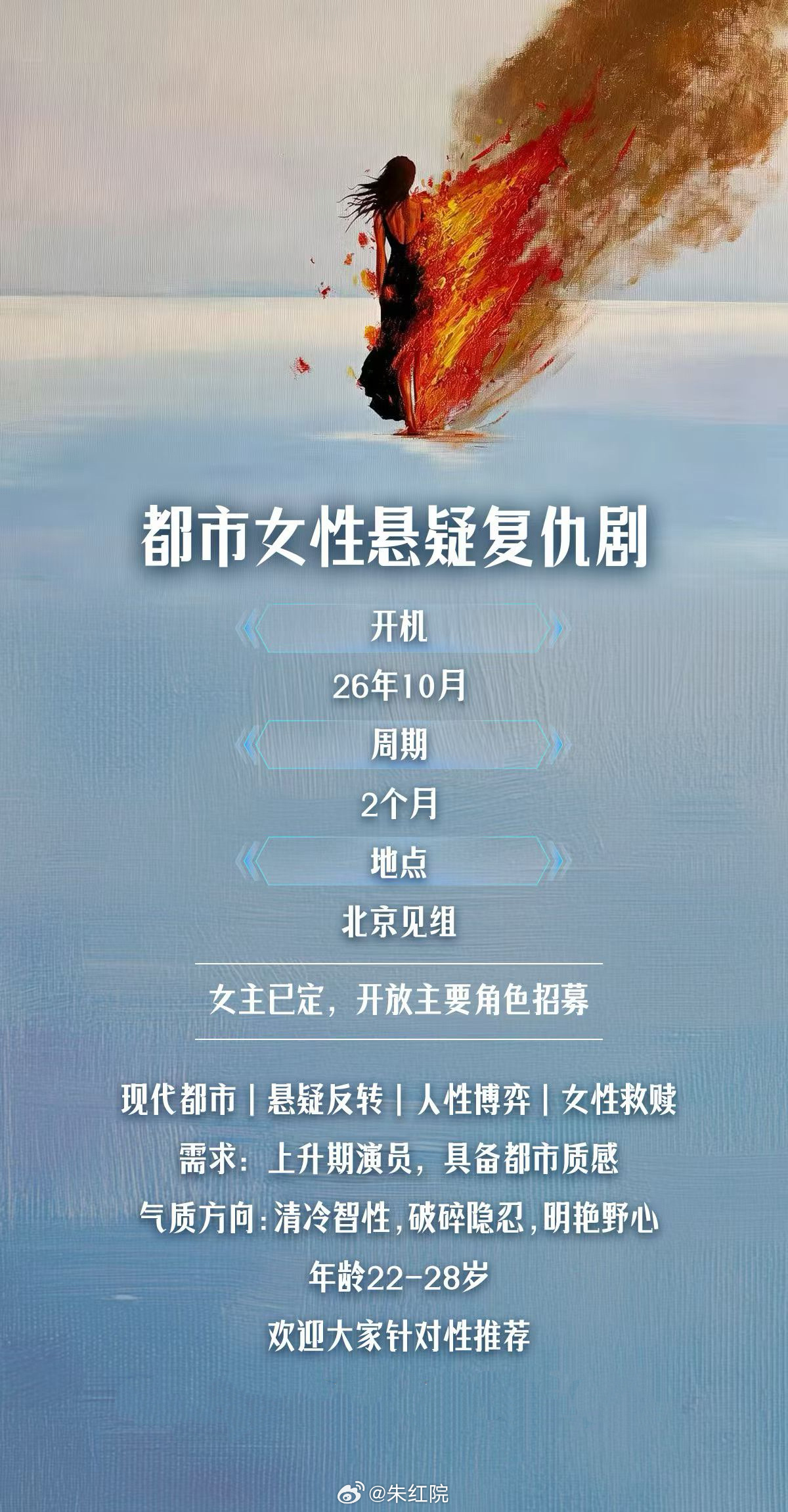 都市女性悬疑剧10月开机，女主已定。 