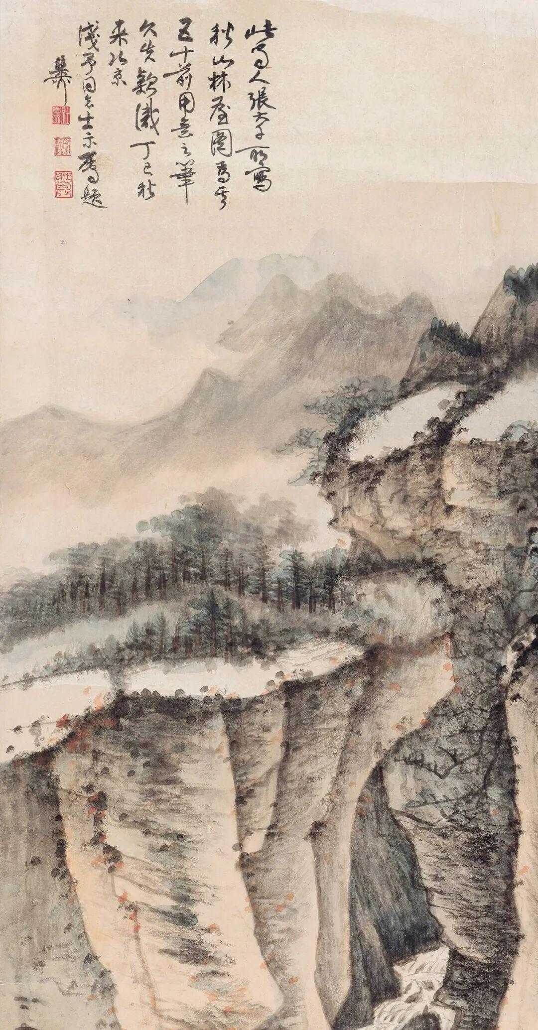 张大千《秋山林屋图》，设色纸本 126.5×64.5 cm。此蜀人张大千所写秋山