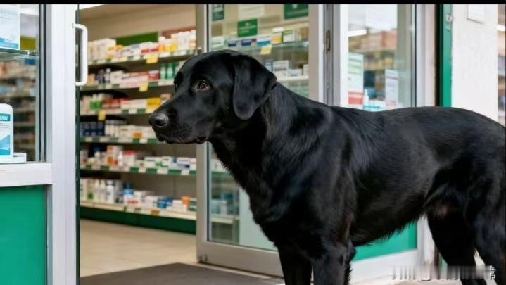 昨天药店来了位带黑狗的顾客，买完药便匆匆走了，没想到把那只黑毛顺滑的大狗落在了门