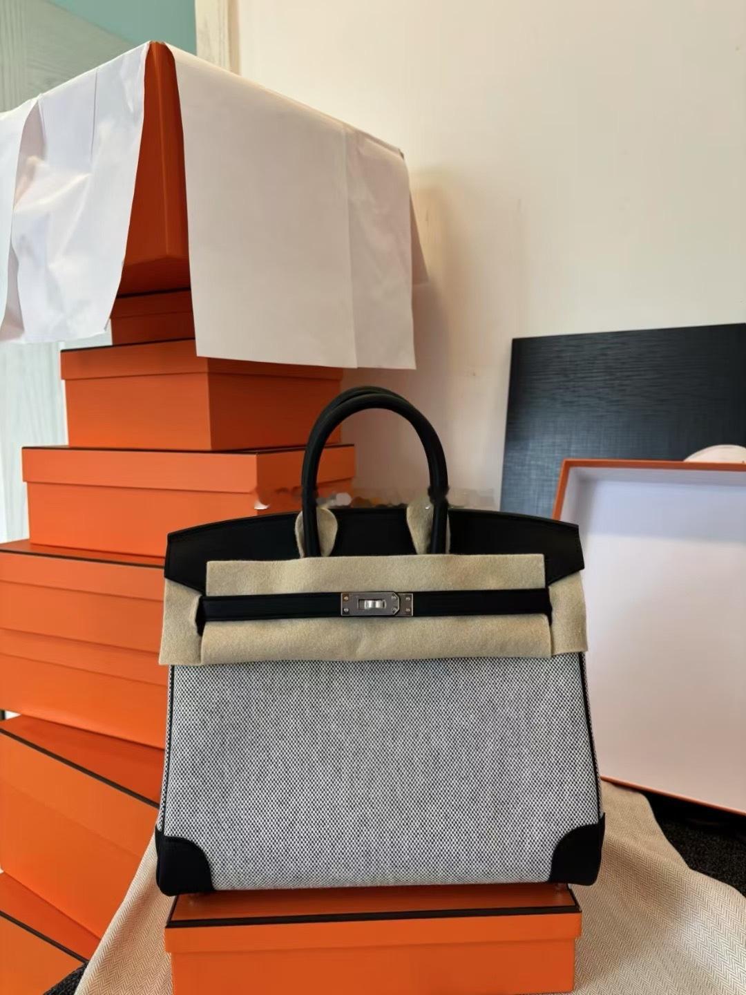 Birkin25 Swift黑色拼帆布🐼银扣 
