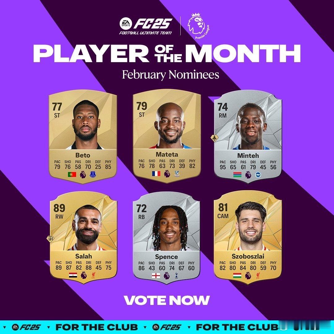 英超联赛二月最佳球员候选公布。马特塔、萨拉赫等人入选。fc25 ​​​