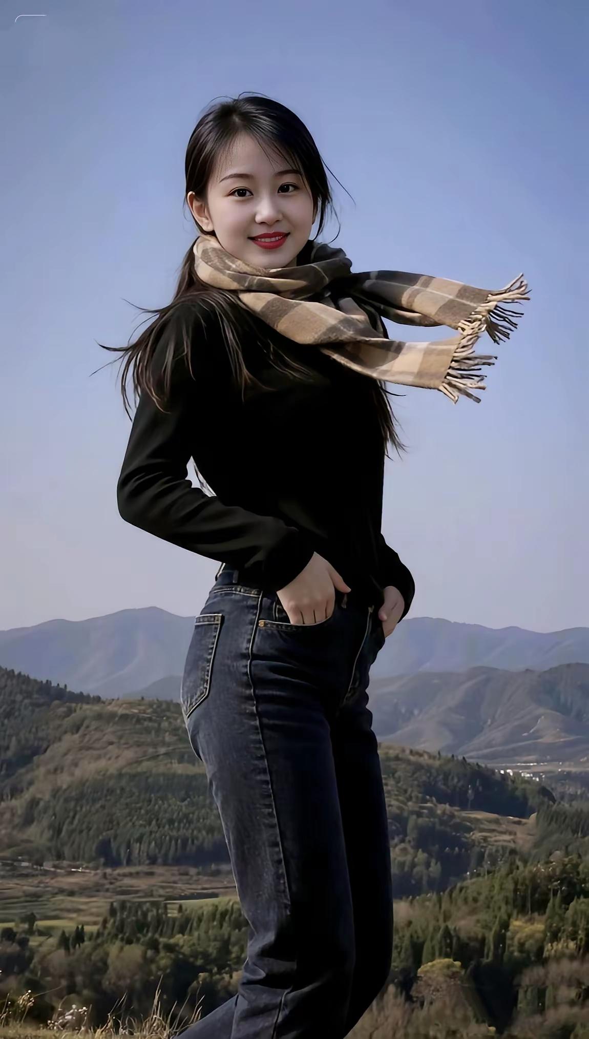 山间少女，黑衣红唇，围巾飘逸，风景如画。