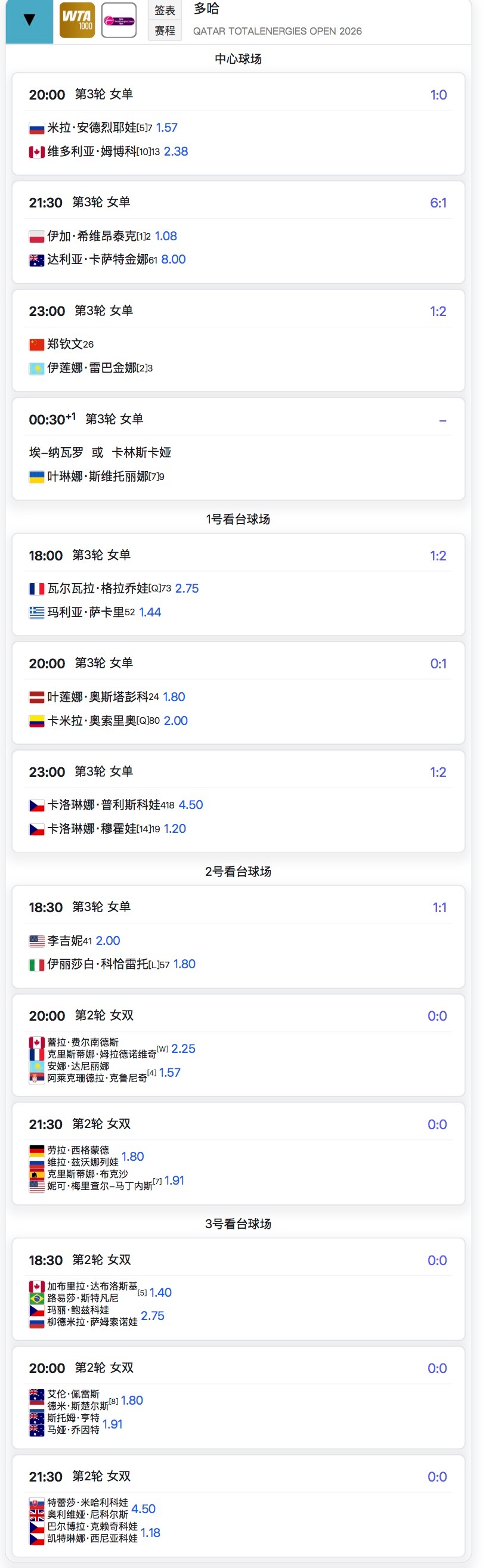 【多哈赛2月11日赛程已经出炉🔥】郑钦文vs莱巴金娜 安排在中心球场第三场，不