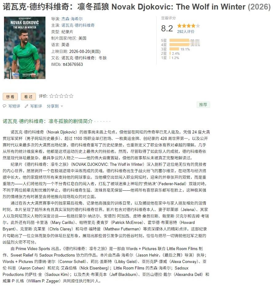 诺瓦克·德约科维奇——《冬日之狼》纪录片的上映4天，该片豆瓣评分8.2，国际电影
