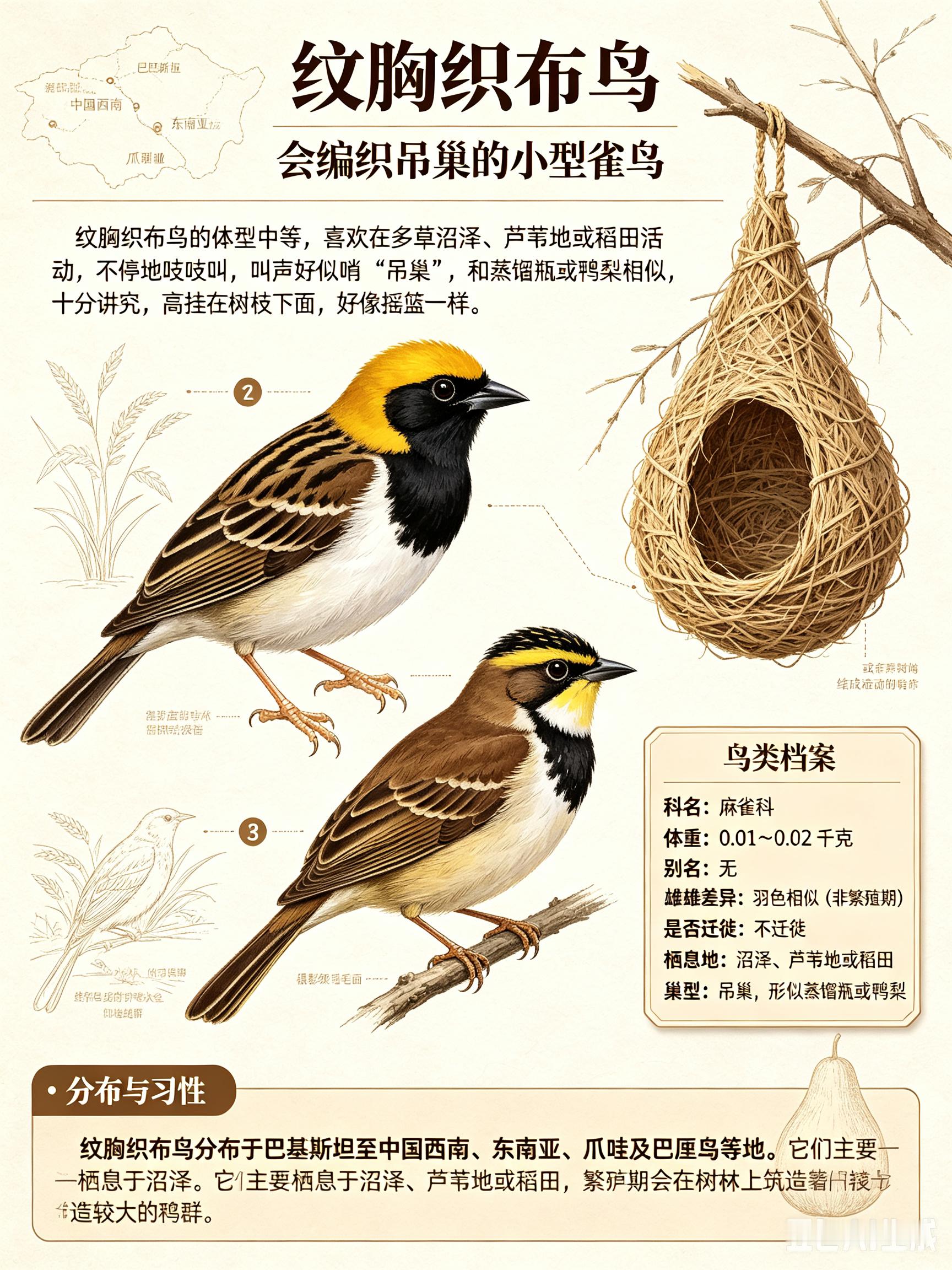 鸟类朋友图鉴 纹胸织布鸟科名：麻雀科体重：0.01～0.02千克别名：无纹胸织布