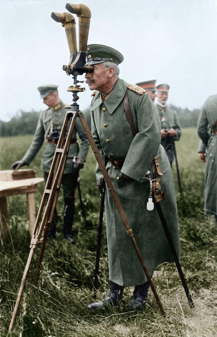 1918年6月，德国末代皇帝威廉二世正使用“剪式潜望镜”在一处观测哨位观察前线敌
