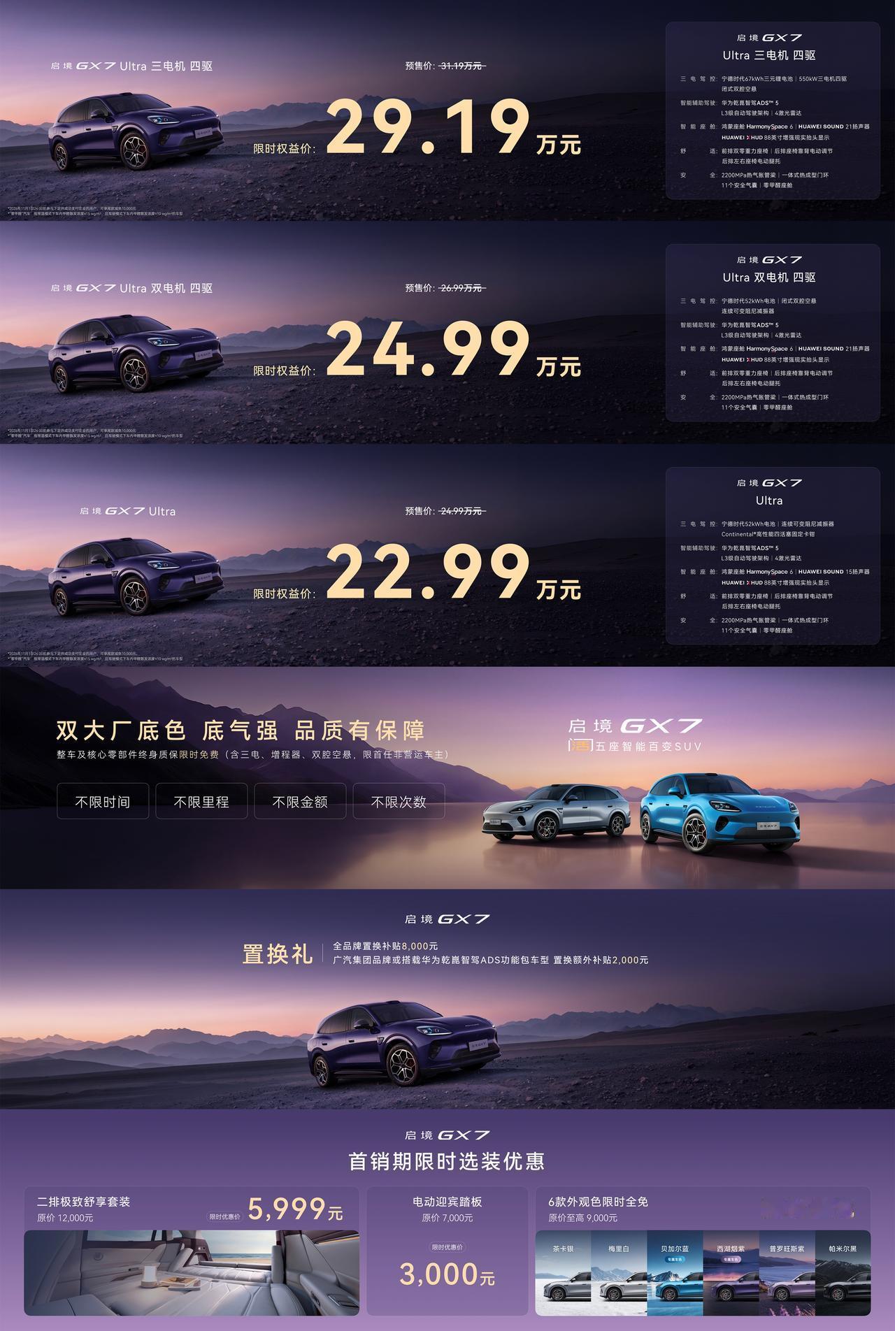 限时权益价22.99万起，整车及核心零部件终身质保。买启境GX7，是买一份长期安