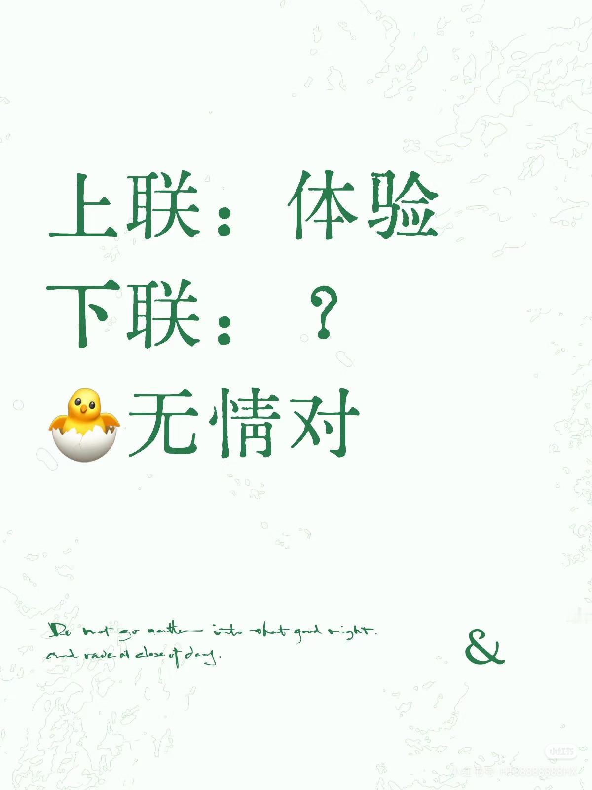 上联：体验，
下联：？
（无情对）