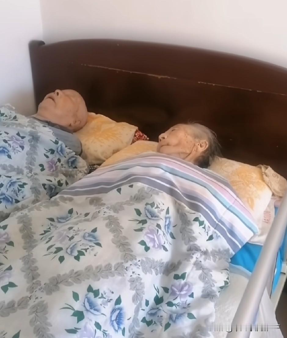 一对八九十岁的老夫妻大白天齐摆摆的盖在被窝里睡大觉，画面看着相当慎人，子女把父母