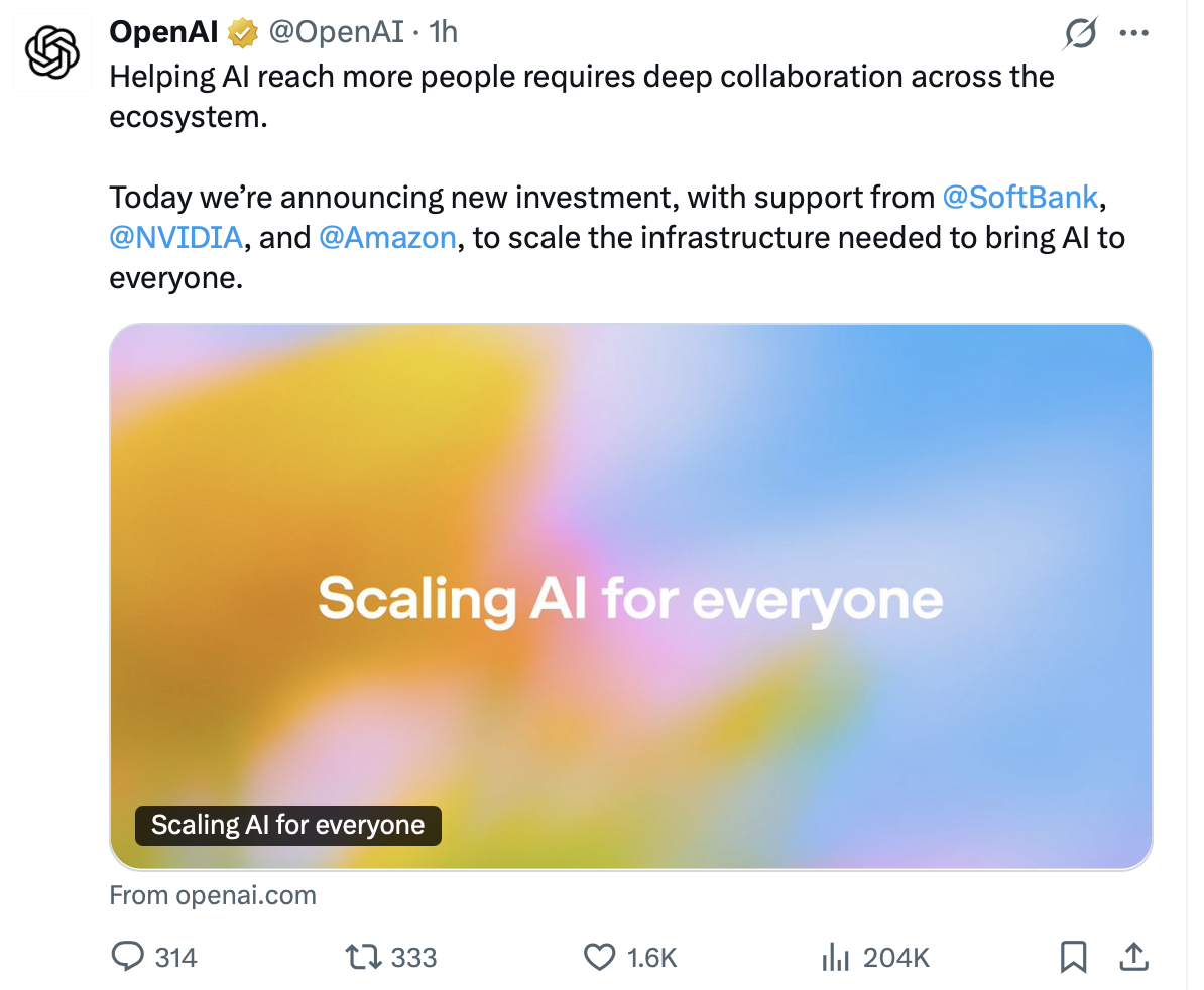 就在刚刚，OpenAI 正式宣布完成新一轮1100亿美元的新投资，投前估值高达7