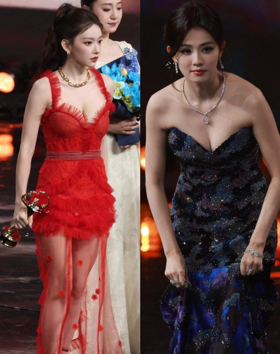 白鹿这胸纯靠挤啊？参加个红毯女明星真是拼命博出位，乍一看还以为程潇穿了红色蕾丝情