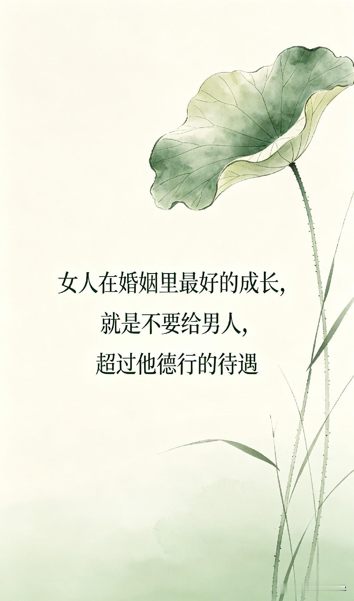 女人在婚姻里最好的成长，就是不要给男人，超过他德行的待遇

作家苏芩说过一句话：