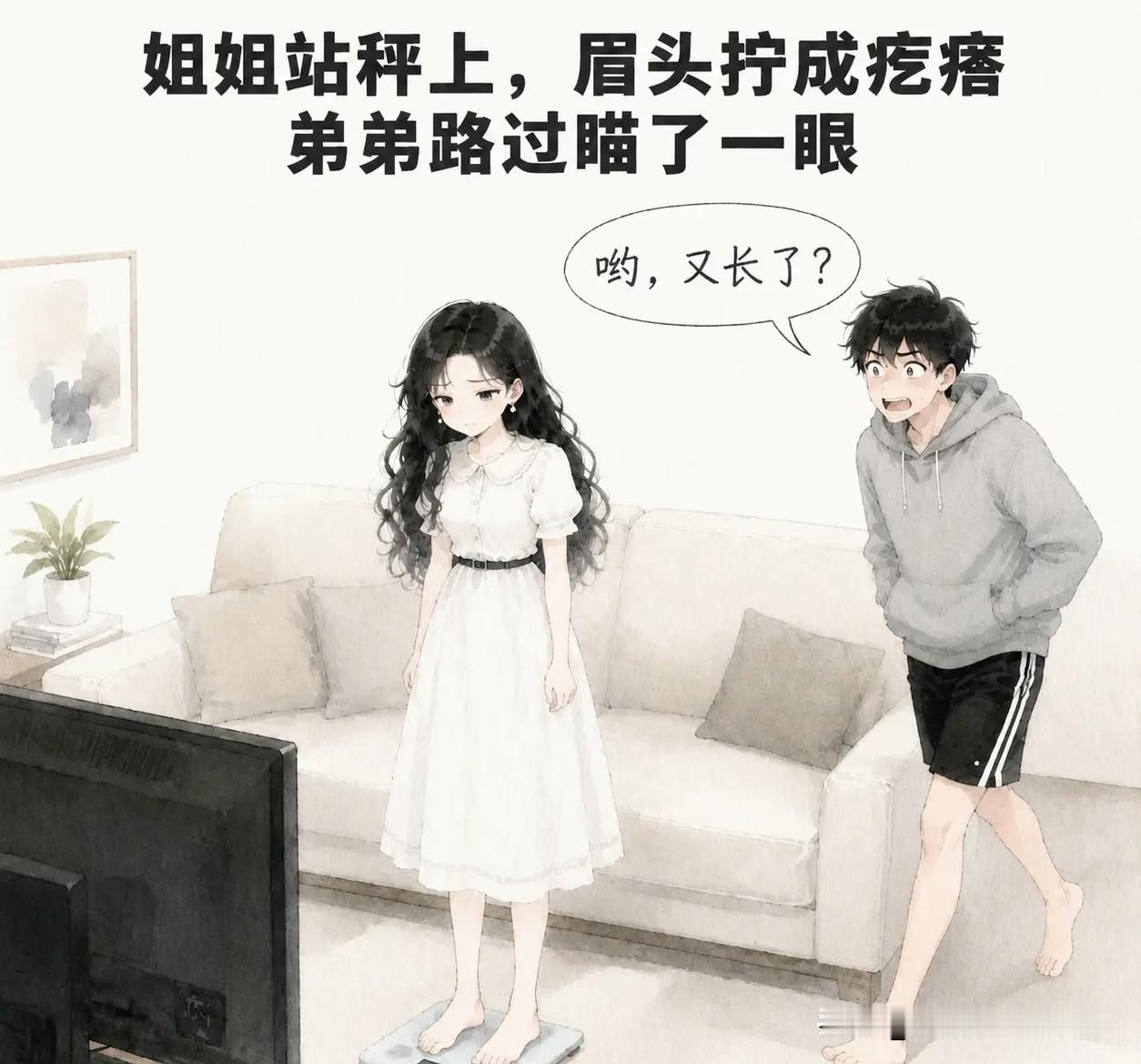趣味漫画：姐姐站秤上眉头紧皱。弟弟路过瞄了一眼：“哟，又长了？”姐姐咬牙：“滚滚
