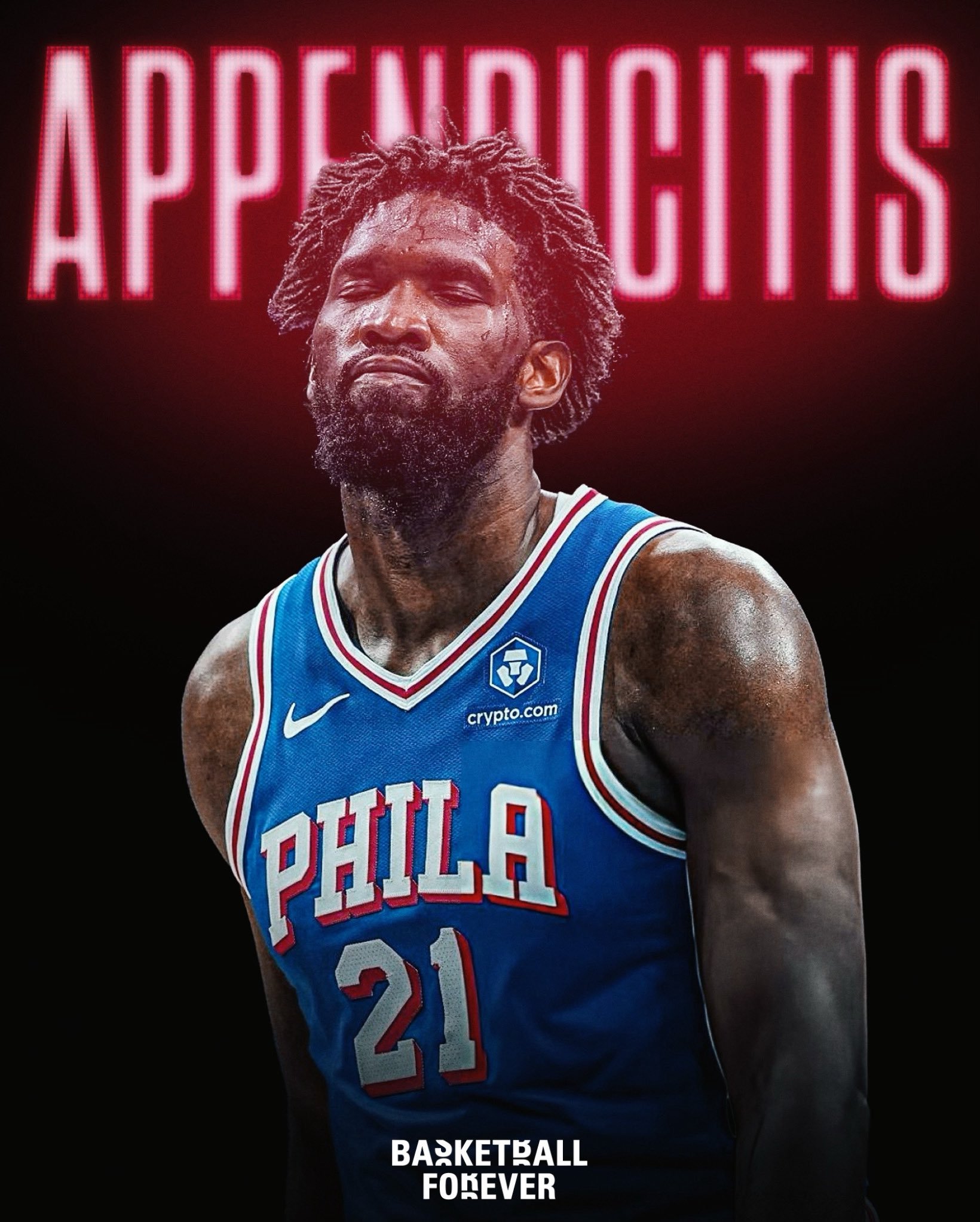 突发新闻：76人队球星乔尔-恩比德被诊断出患有阑尾炎，将在休斯敦接受手术。恩比德