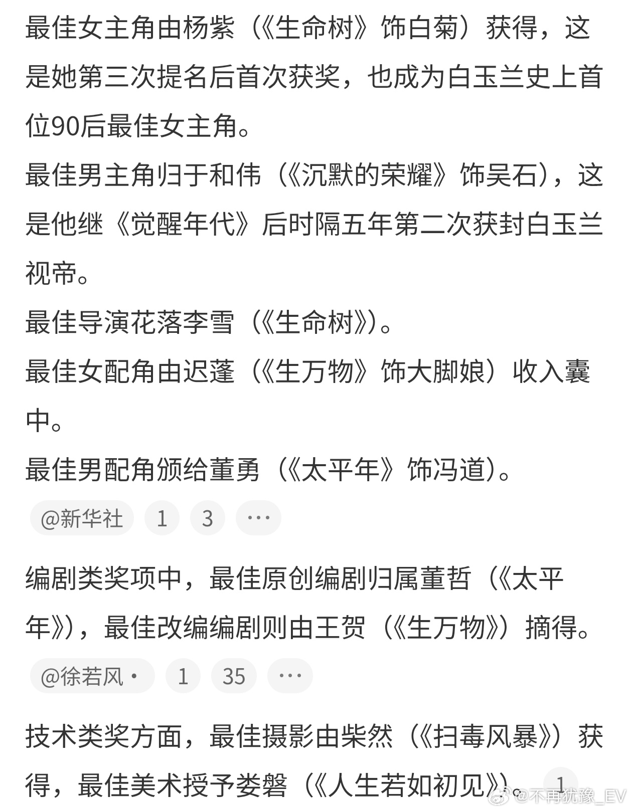 白玉兰获奖名单白玉兰内场杨紫白玉兰视后恭喜杨紫获得白玉兰最佳女主角，她的剧我都都