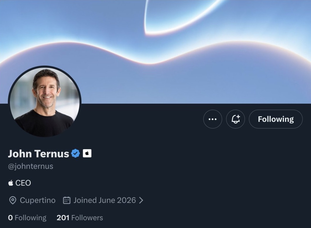 【Apple 新任 CEO John Ternus 现已开通 X 账号】Appl