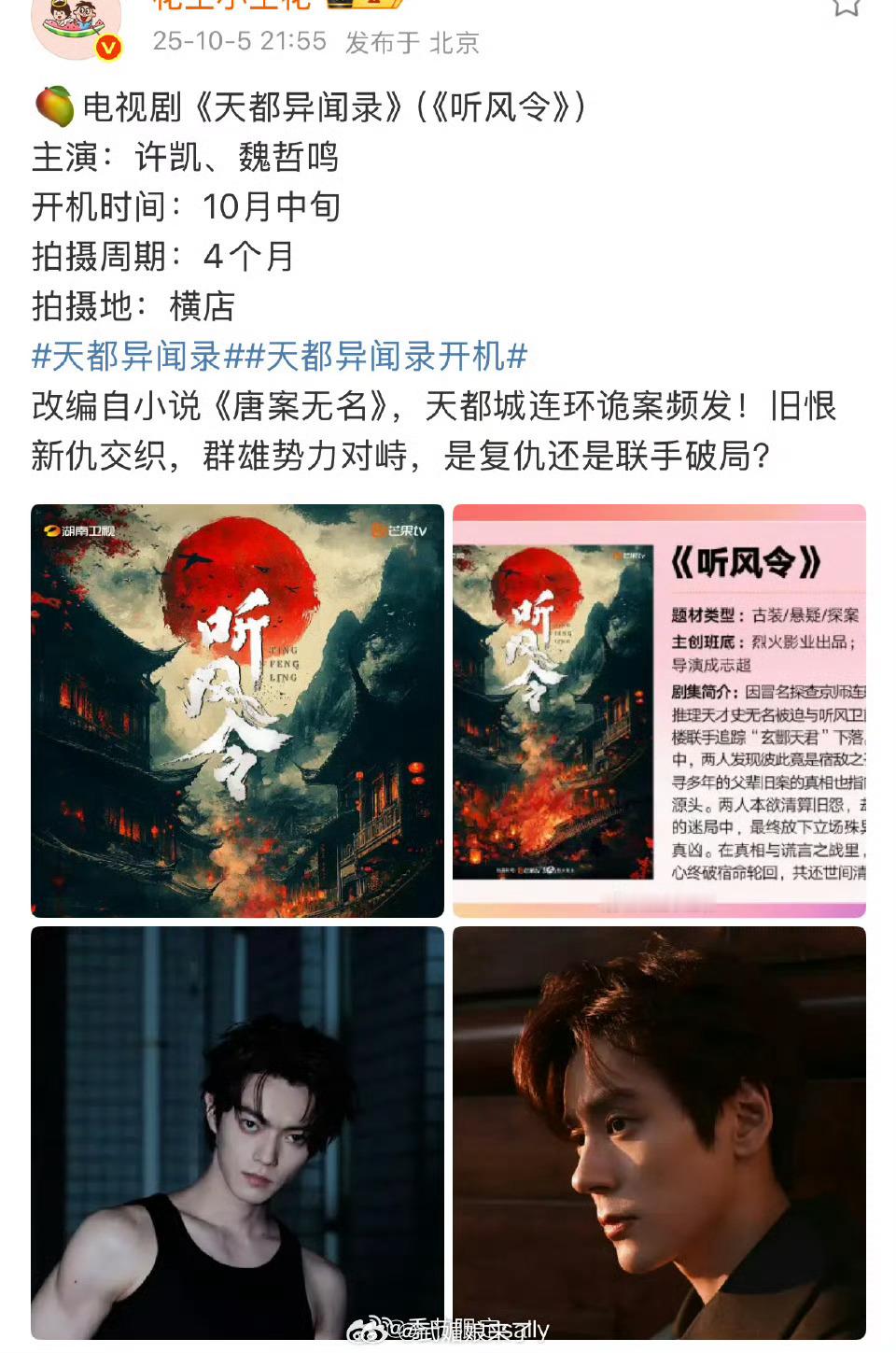 🍉许凯、魏哲鸣主演《天都异闻录（听风令）》10月中旬横店开机[送花花] ​​​
