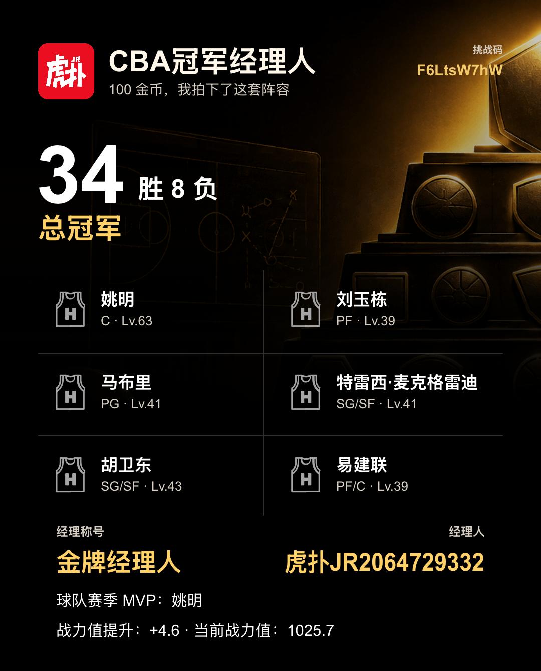 我在CBA冠军经理人打出34胜8负并夺得总冠军
我的球队本赛季取得34胜8负，夺