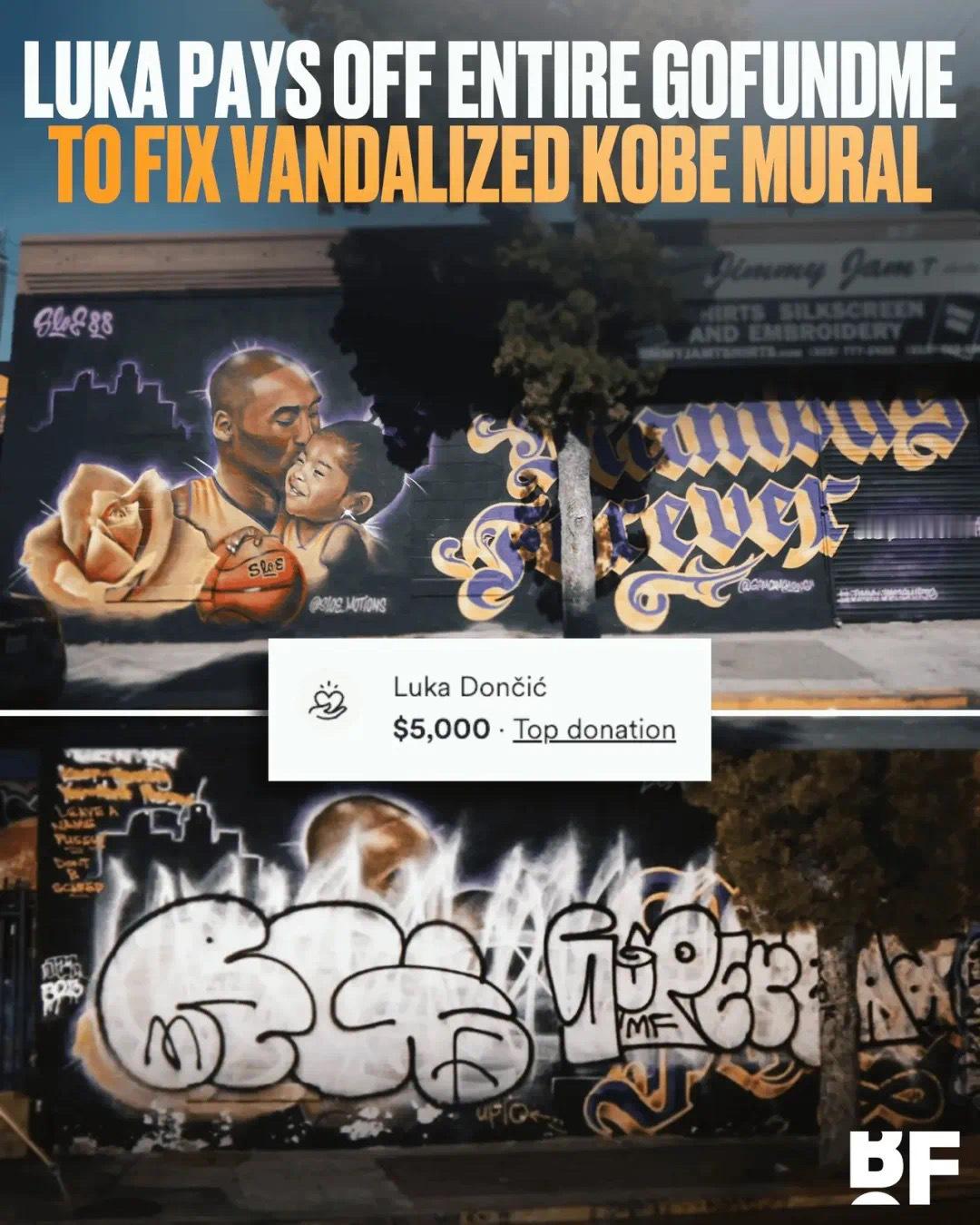 【科比Gigi在洛杉矶的壁画被破坏，东契奇捐出所需修复金额】近日，Kobe & 