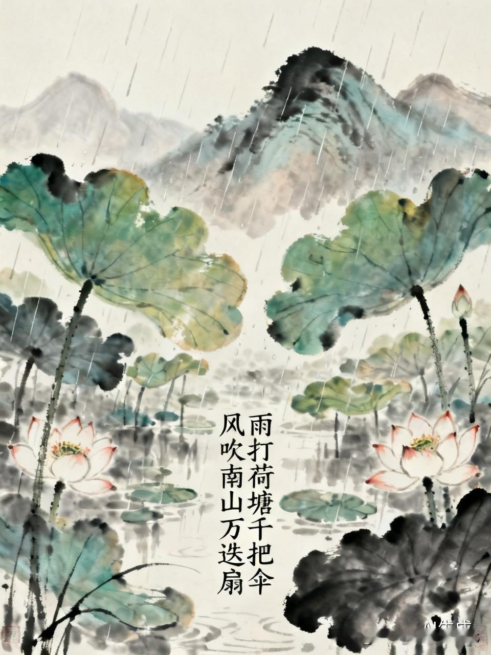 上联:雨打荷塘千把伞
下联:风吹南山万迭扇