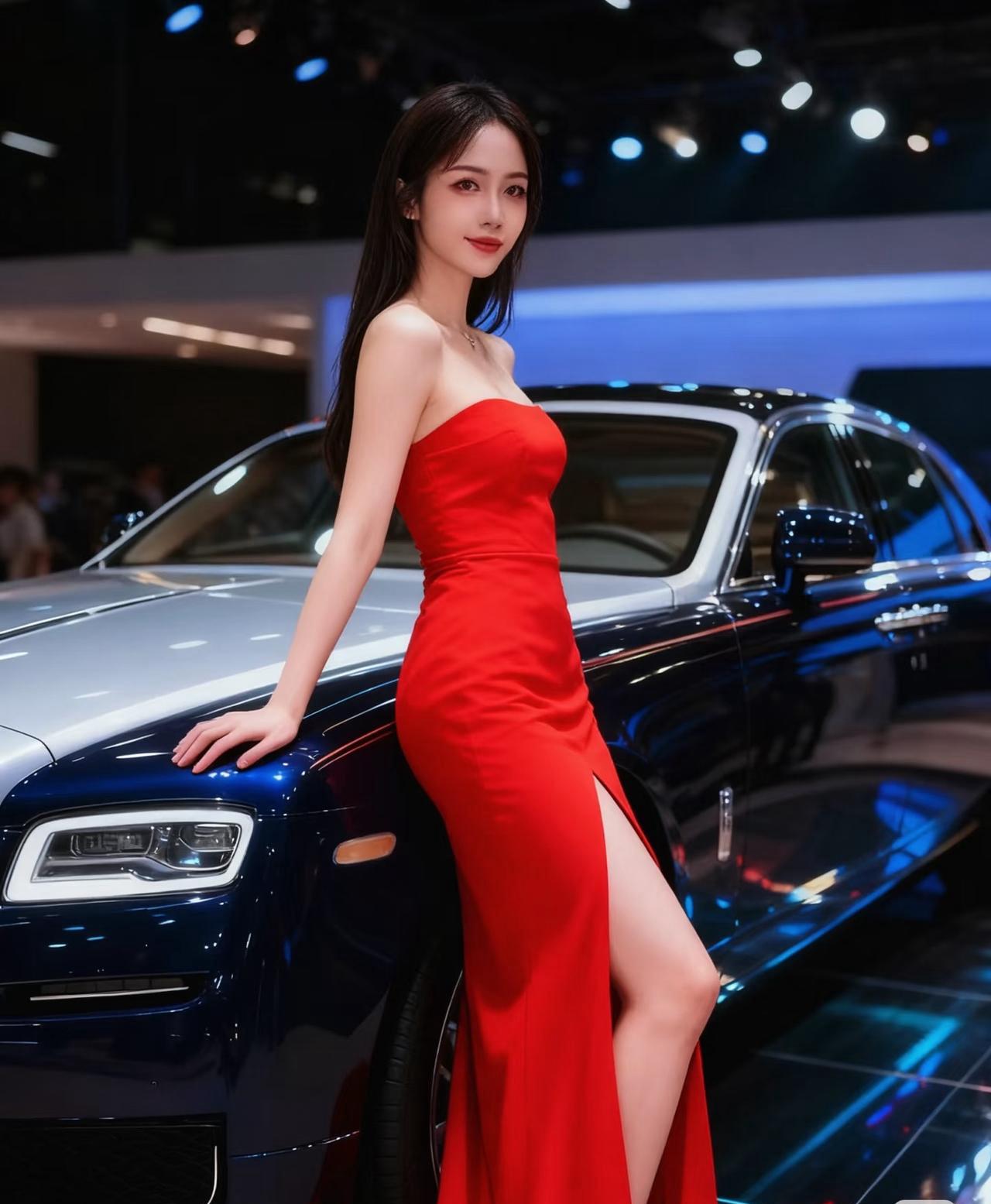 优雅红裙，闪耀车展，魅力无边！