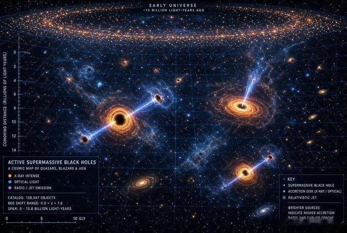 天文学家发布宇宙中饥饿黑洞的最大地图。科学家们刚刚公布了一项前所未有的宇宙普查：